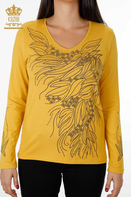 Women's Blouse Crystal Embroidered Saffron - 79020 | KAZEE - Thumbnail