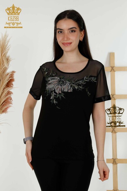 Women's Blouse Floral Detailed Black - 79106 | KAZEE - Thumbnail