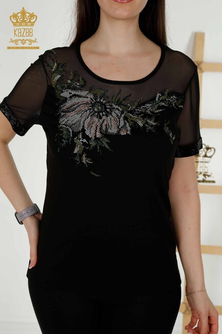 Women's Blouse Floral Detailed Black - 79106 | KAZEE - Thumbnail