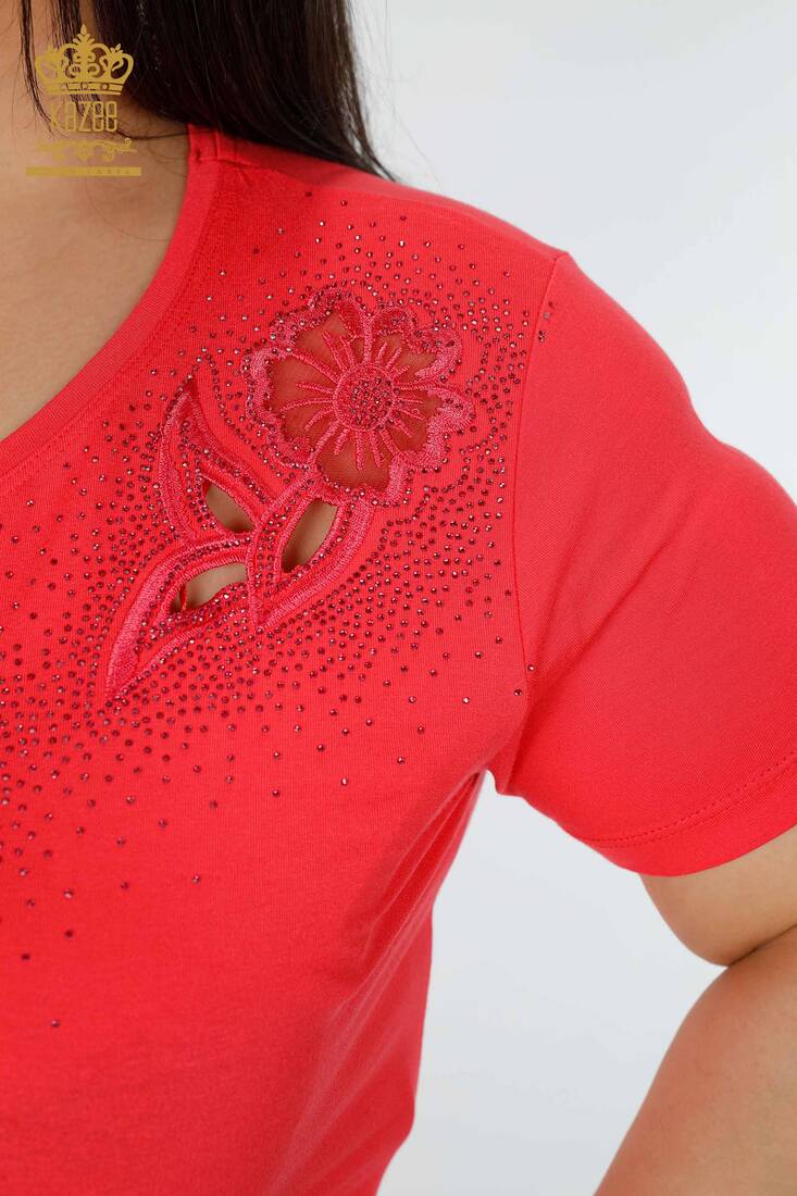 Women's Blouse Floral Detailed Coral - 78922 | KAZEE