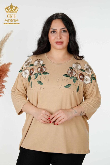 Women's Blouse Beige With Floral Embroidery - 78947 | KAZEE - Thumbnail