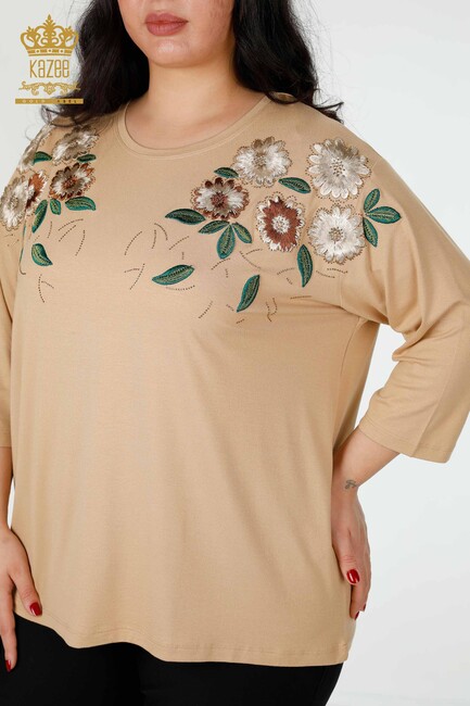 Women's Blouse Beige With Floral Embroidery - 78947 | KAZEE - Thumbnail