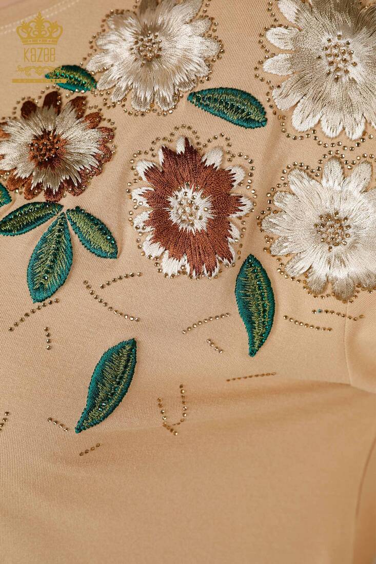 Women's Blouse Beige With Floral Embroidery - 78947 | KAZEE