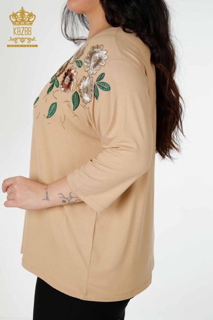 Women's Blouse Beige With Floral Embroidery - 78947 | KAZEE - Thumbnail