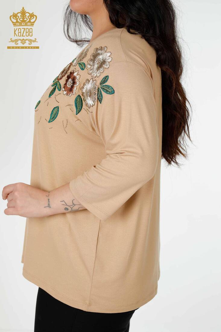 Women's Blouse Beige With Floral Embroidery - 78947 | KAZEE