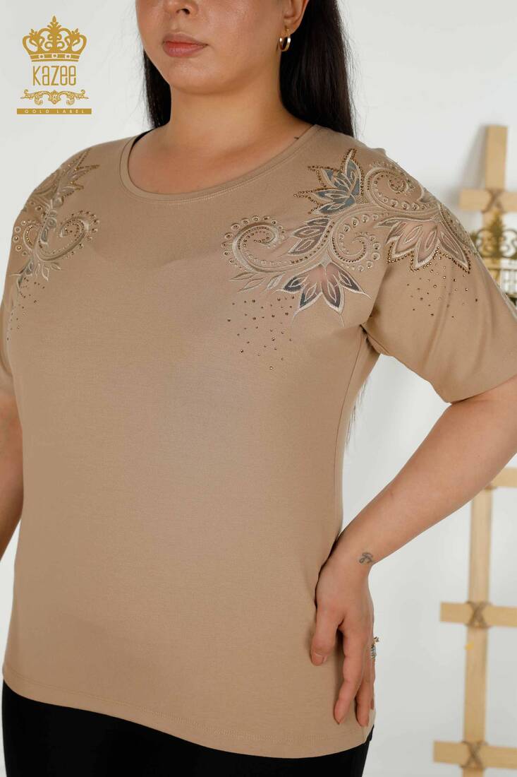 Women's Blouse Beige With Floral Embroidery - 79093 | KAZEE