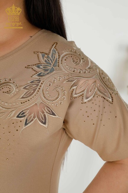 Women's Blouse Beige With Floral Embroidery - 79093 | KAZEE - Thumbnail