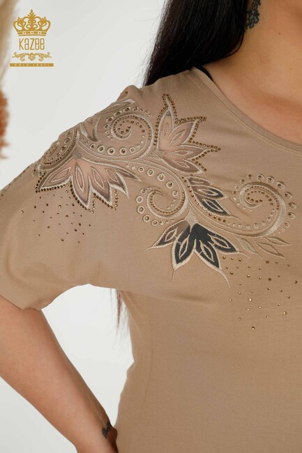 Women's Blouse Beige With Floral Embroidery - 79093 | KAZEE - Thumbnail