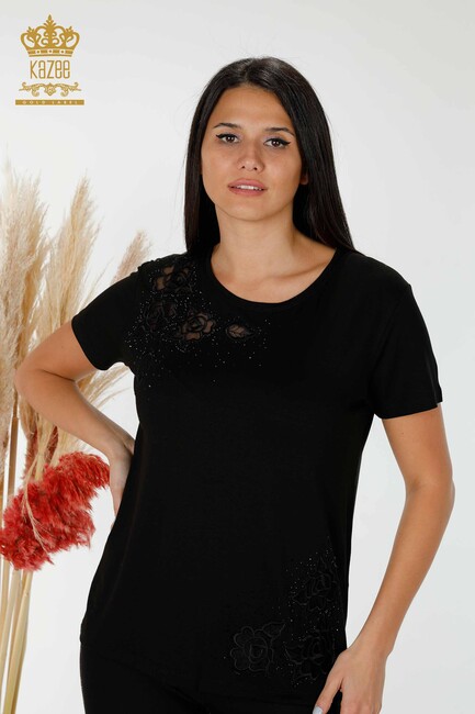 Women's Blouse Black With Floral Embroidery - 78927 | KAZEE - Thumbnail