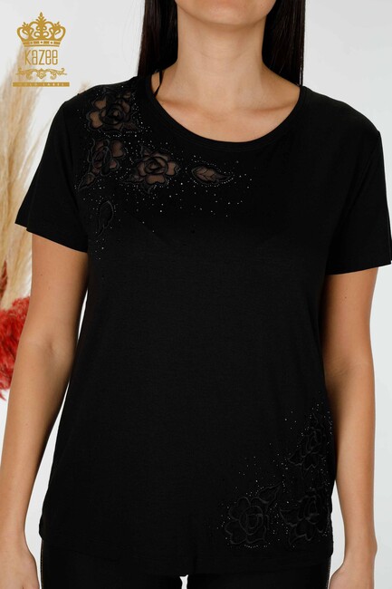 Women's Blouse Black With Floral Embroidery - 78927 | KAZEE - Thumbnail