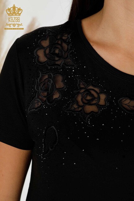 Women's Blouse Black With Floral Embroidery - 78927 | KAZEE - Thumbnail