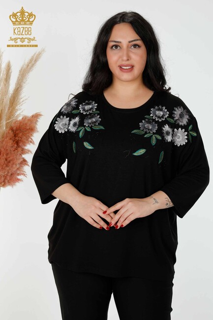 Women's Blouse Black With Floral Embroidery - 78947 | KAZEE - Thumbnail