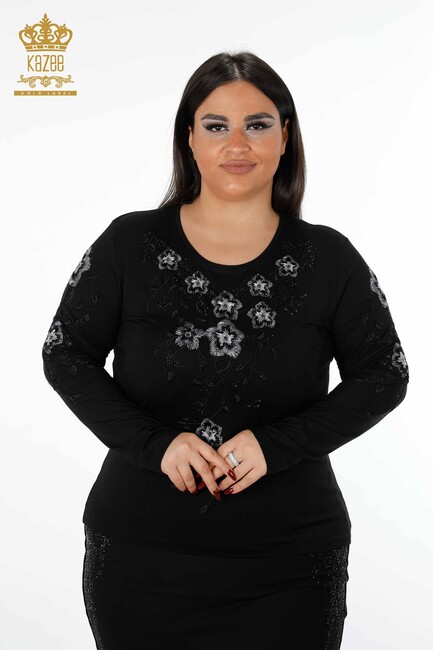 Women's Blouse Black With Floral Embroidery - 79017 | KAZEE - Thumbnail