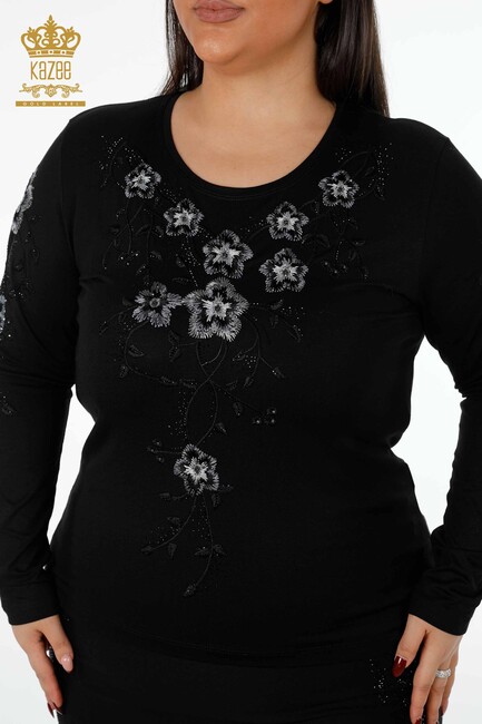 Women's Blouse Black With Floral Embroidery - 79017 | KAZEE - Thumbnail