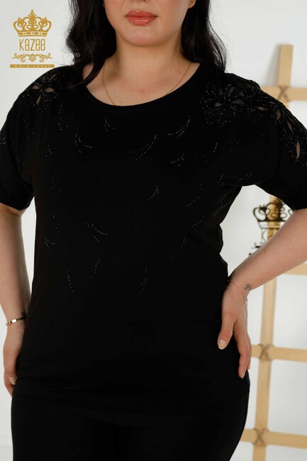 Women's Blouse Black With Floral Embroidery - 79086 | KAZEE - Thumbnail