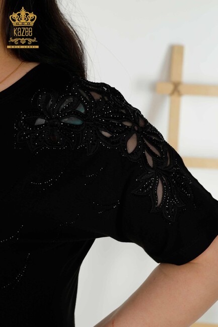 Women's Blouse Black With Floral Embroidery - 79086 | KAZEE - Thumbnail