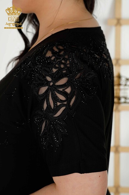 Women's Blouse Black With Floral Embroidery - 79086 | KAZEE - Thumbnail