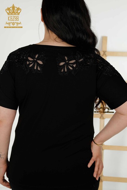 Women's Blouse Black With Floral Embroidery - 79086 | KAZEE - Thumbnail