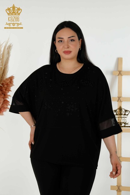 Women's Blouse Black With Floral Embroidery - 79087 | KAZEE - Thumbnail