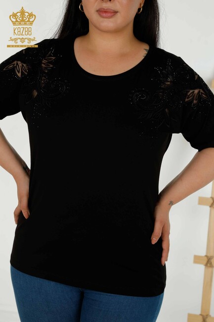 Women's Blouse Black With Floral Embroidery - 79093 | KAZEE - Thumbnail