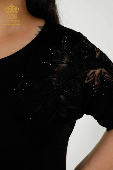 Women's Blouse Black With Floral Embroidery - 79093 | KAZEE - Thumbnail