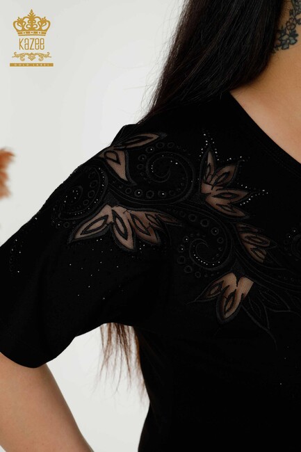 Women's Blouse Black With Floral Embroidery - 79093 | KAZEE - Thumbnail