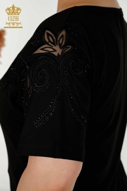 Women's Blouse Black With Floral Embroidery - 79093 | KAZEE - Thumbnail