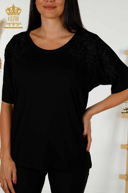 Women's Blouse Black With Floral Embroidery - 79097 | KAZEE - Thumbnail