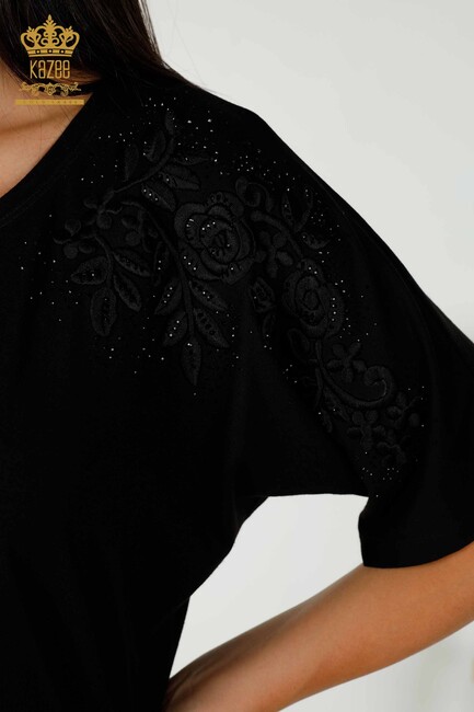 Women's Blouse Black With Floral Embroidery - 79097 | KAZEE - Thumbnail