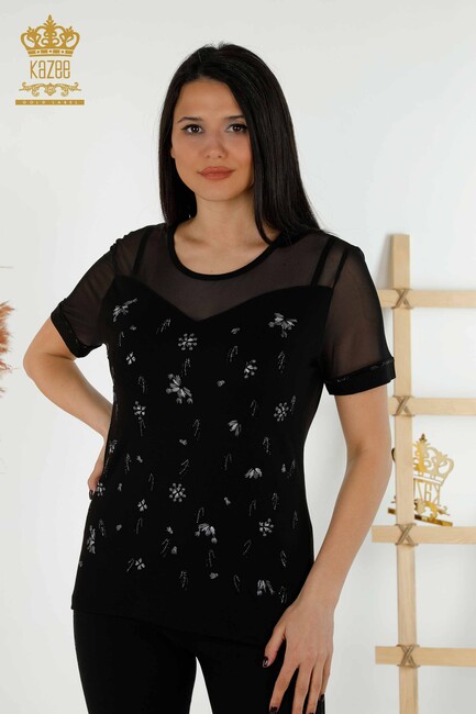 Women's Blouse Black With Floral Embroidery - 79133 | KAZEE - Thumbnail