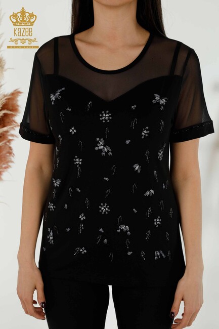 Women's Blouse Black With Floral Embroidery - 79133 | KAZEE - Thumbnail