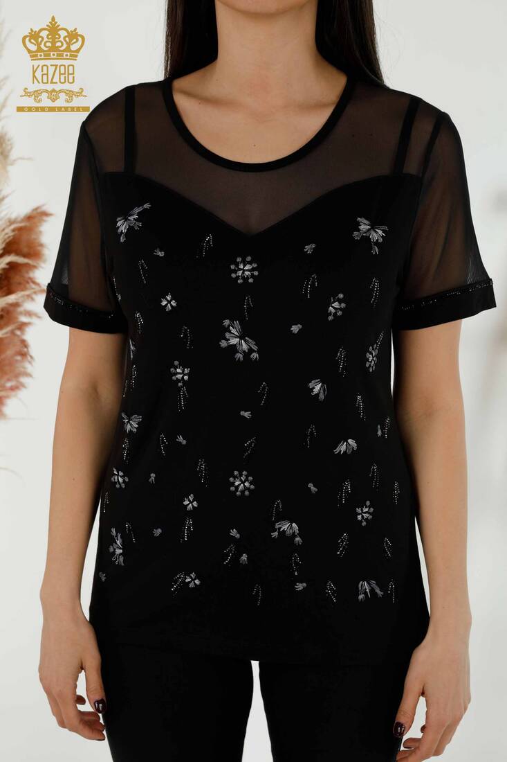 Women's Blouse Black With Floral Embroidery - 79133 | KAZEE