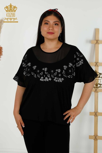 Women's Blouse With Flower Embroidery Black - 79137 | KAZEE - Thumbnail