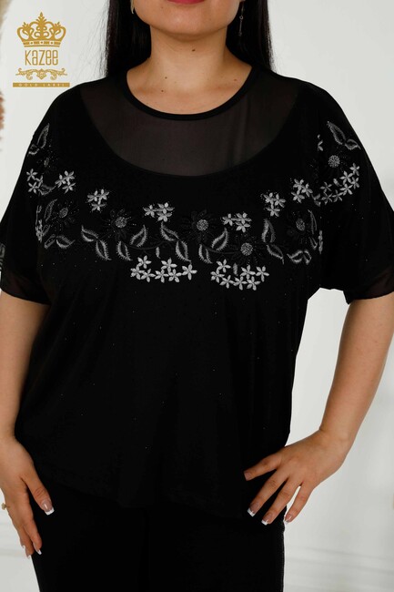 Women's Blouse With Flower Embroidery Black - 79137 | KAZEE - Thumbnail