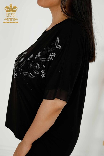 Women's Blouse With Flower Embroidery Black - 79137 | KAZEE - Thumbnail