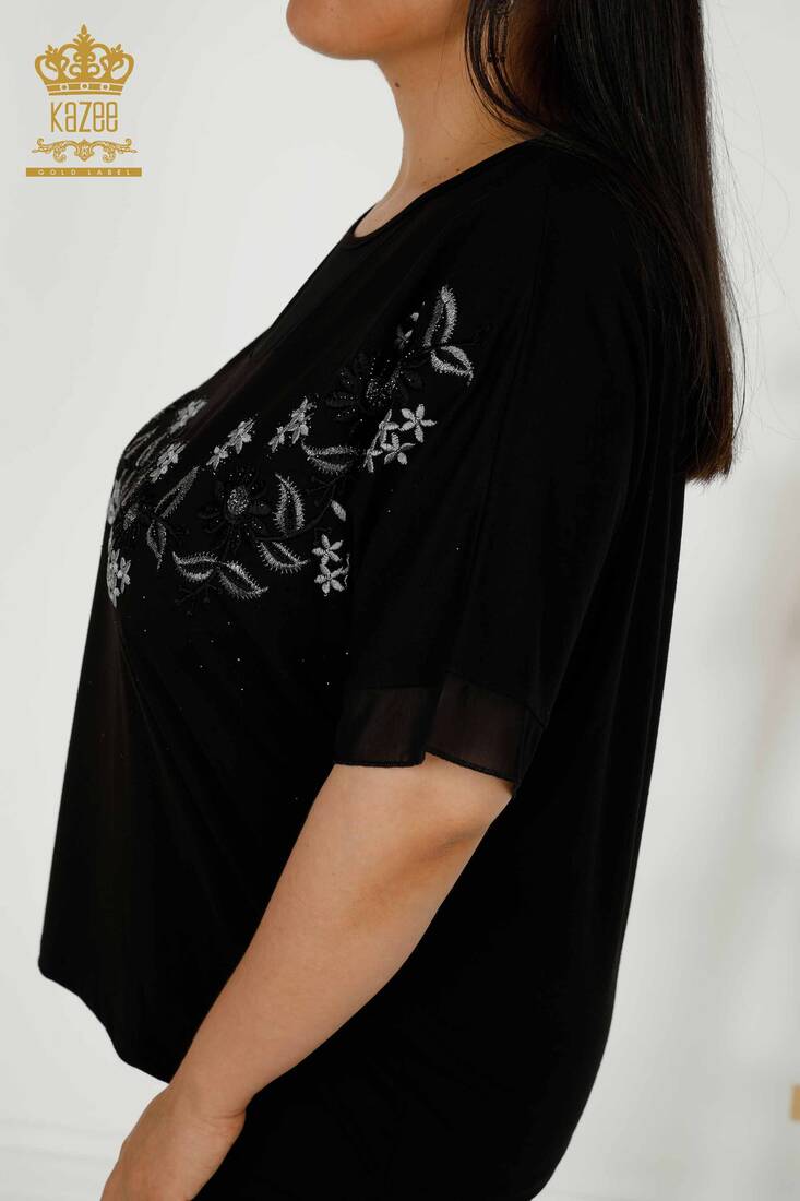 Women's Blouse With Flower Embroidery Black - 79137 | KAZEE