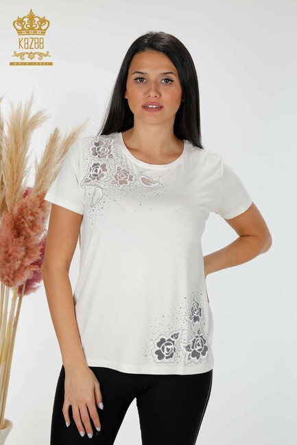 Women's Blouse Flower Embroidered Ecru - 78927 | KAZEE - Thumbnail