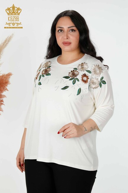 Women's Blouse Flower Embroidered Ecru - 78947 | KAZEE - Thumbnail