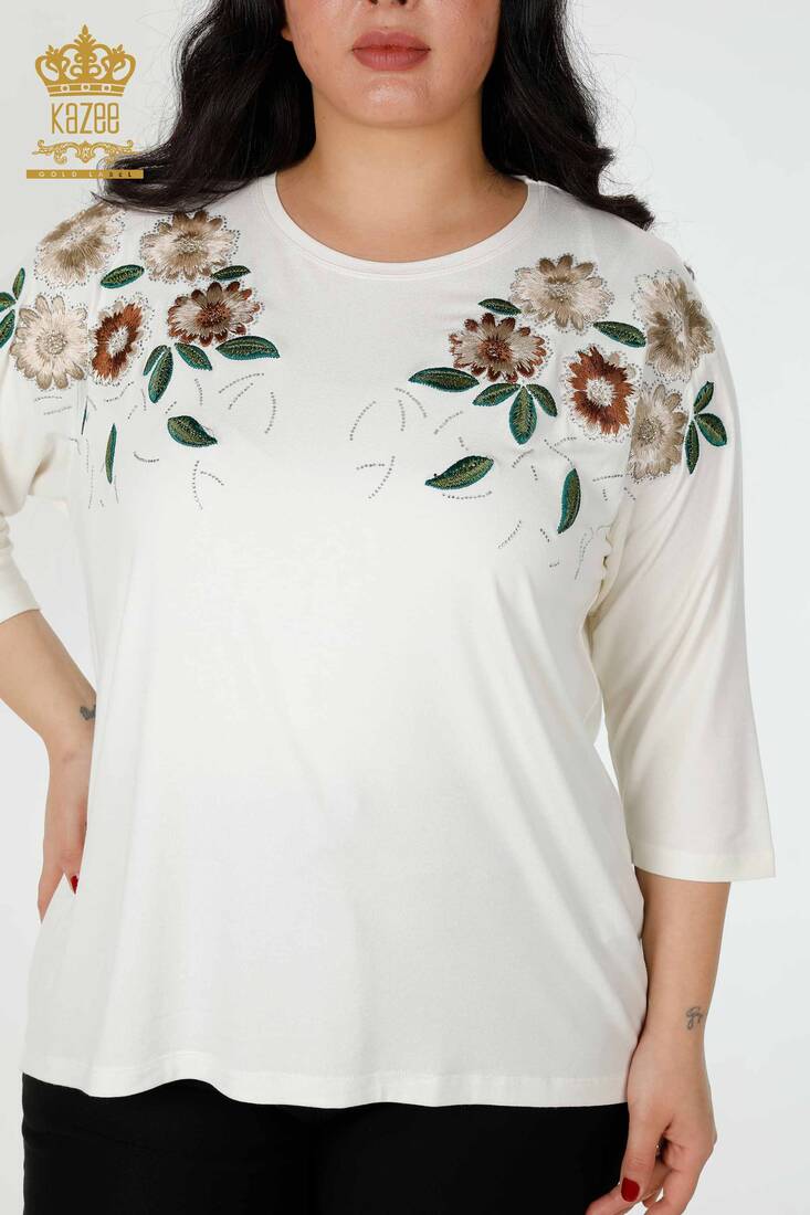 Women's Blouse Flower Embroidered Ecru - 78947 | KAZEE