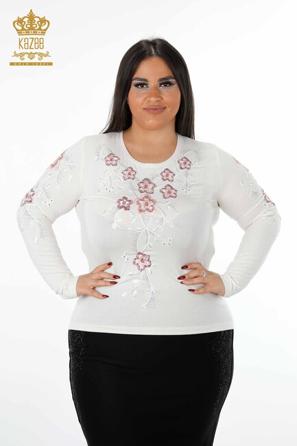 Women's Blouse Flower Embroidered Ecru - 79017 | KAZEE - Thumbnail