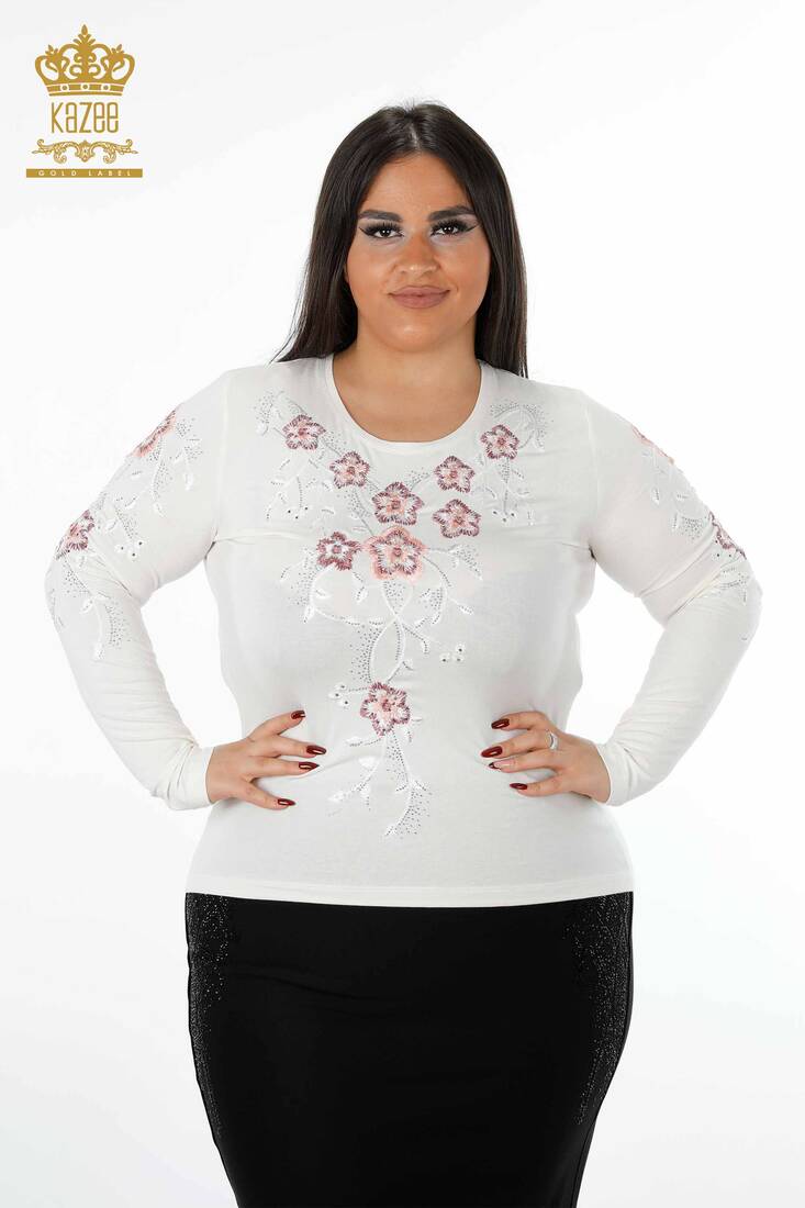 Women's Blouse Flower Embroidered Ecru - 79017 | KAZEE