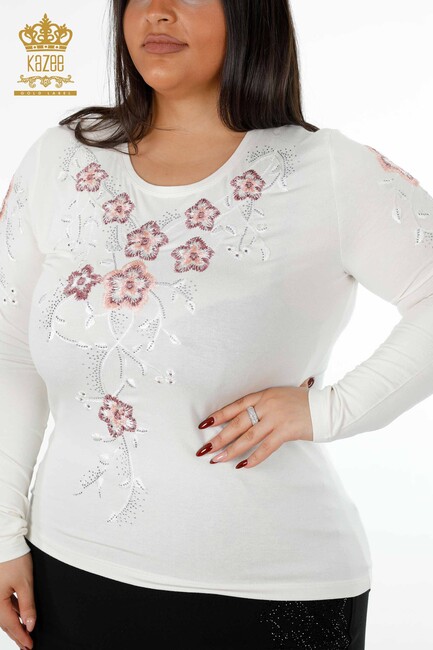 Women's Blouse Flower Embroidered Ecru - 79017 | KAZEE - Thumbnail