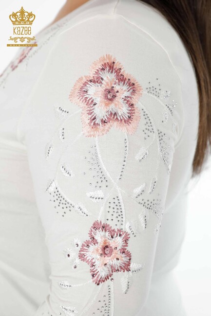 Women's Blouse Flower Embroidered Ecru - 79017 | KAZEE - Thumbnail