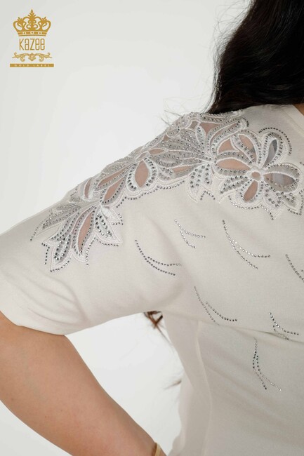 Women's Blouse Flower Embroidered Ecru - 79086 | KAZEE - Thumbnail