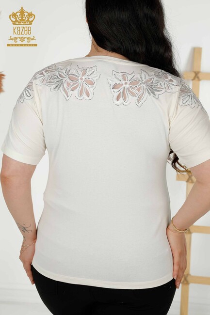 Women's Blouse Flower Embroidered Ecru - 79086 | KAZEE - Thumbnail