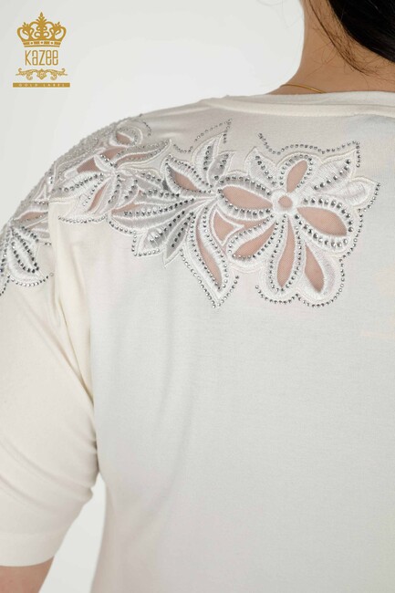 Women's Blouse Flower Embroidered Ecru - 79086 | KAZEE - Thumbnail