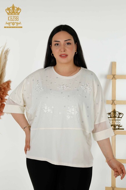 Women's Blouse Flower Embroidered Ecru - 79087 | KAZEE - Thumbnail