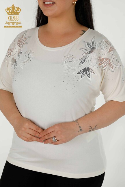 Women's Blouse Flower Embroidered Ecru - 79093 | KAZEE - Thumbnail