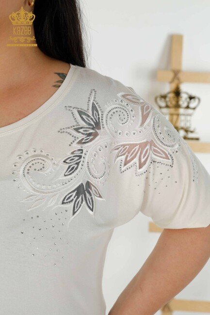 Women's Blouse Flower Embroidered Ecru - 79093 | KAZEE - Thumbnail