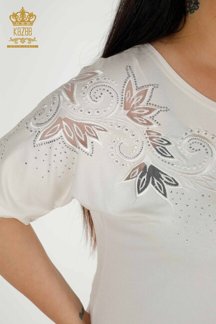 Women's Blouse Flower Embroidered Ecru - 79093 | KAZEE - Thumbnail